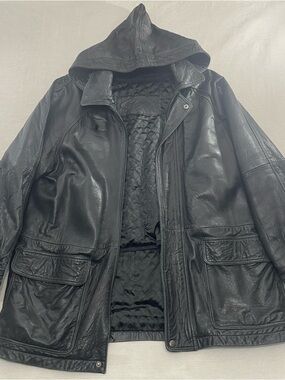 Beardmore 100% Leather Jacket Black Men XL~ Quilted Removable Hood & lining